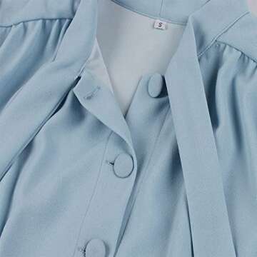 Vintage Women 1940s Bow Tie Neck Dress Retro 40s 50s Button Up Business Work A-line Cocktail Dresses Light Blue M
