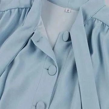 Vintage Women 1940s Bow Tie Neck Dress Retro 40s 50s Button Up Business Work A-line Cocktail Dresses Light Blue M