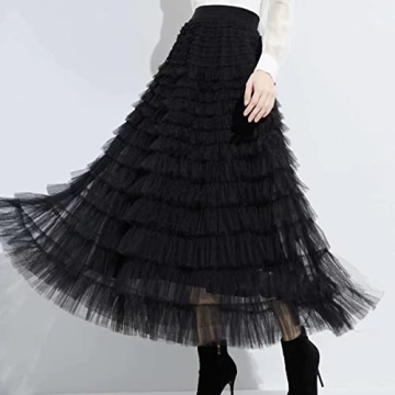 Mliyasan Women’s Multilayer Ruffles Tulle Skirt Pleated High Waist Fluffy Maxi Skirt Fairy Cake Dress Long Tutu Party Skirt Black