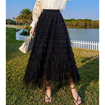 Mliyasan Women’s Multilayer Ruffles Tulle Skirt Pleated High Waist Fluffy Maxi Skirt Fairy Cake Dress Long Tutu Party Skirt Black