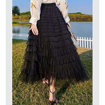 Mliyasan Women’s Multilayer Ruffles Tulle Skirt Pleated High Waist Fluffy Maxi Skirt Fairy Cake Dress Long Tutu Party Skirt Black
