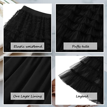 Mliyasan Women’s Multilayer Ruffles Tulle Skirt Pleated High Waist Fluffy Maxi Skirt Fairy Cake Dress Long Tutu Party Skirt Black