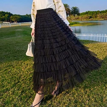 Mliyasan Women’s Multilayer Ruffles Tulle Skirt Pleated High Waist Fluffy Maxi Skirt Fairy Cake Dress Long Tutu Party Skirt Black