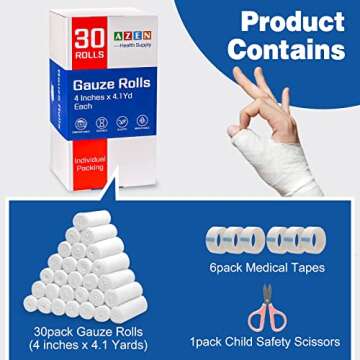 AZEN 30 Pack Gauze Rolls Bandages, 4 in x 4.1 Yards, Premium Medical Supplies & First Aid Supplies, ...