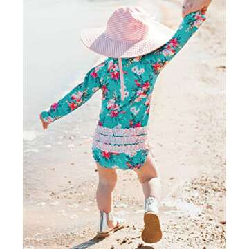 RuffleButts Baby Girls UPF 50+ Sun Protection Floral Printed Long Sleeve One Piece Rash Guard Swimsuit with Zipper - Fancy Me Floral, 12-18m