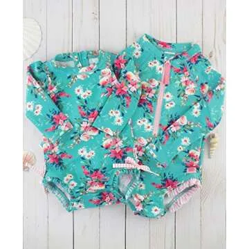 RuffleButts Baby Girls UPF 50+ Sun Protection Floral Printed Long Sleeve One Piece Rash Guard Swimsuit with Zipper - Fancy Me Floral, 12-18m