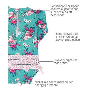 RuffleButts Baby Girls UPF 50+ Sun Protection Floral Printed Long Sleeve One Piece Rash Guard Swimsuit with Zipper - Fancy Me Floral, 12-18m