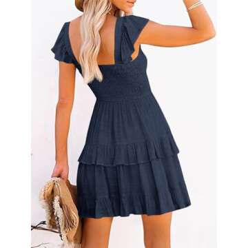 Women Summer Dresses Casual Boho Smocked Ruffle Sun Beach Babydoll Mini Dress Layered Flowy Swing Dress Navy
