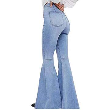 Women's Fashion Bell Bottom Jeans High Waisted Raw Hem Stretch Denim Pants (Light Blue, Medium)