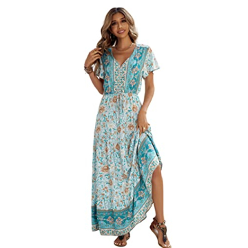 R.Vivimos Womens Summer Floral Print Cotton Short Sleeve Flowy Dress (Small, LightGreen)