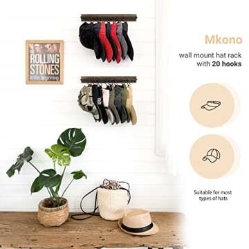 Mkono Hat Rack for Wall Wooden Baseball Caps Organizer with 20 Hooks Rustic Cowboy Hanger Mounted Ha...