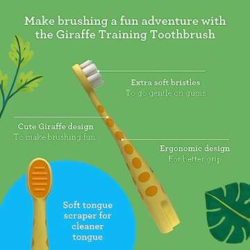 GuruNanda Kids Butter On Gums Cute Giraffe Toothbrush with Tongue Scraper & Cover - Super Soft Bristles for Gentle Cleaning -Ergonomic Handle (Age 1+) (Pack of 2)