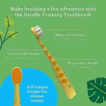 GuruNanda Kids Butter On Gums Cute Giraffe Toothbrush with Tongue Scraper & Cover - Super Soft Bristles for Gentle Cleaning -Ergonomic Handle (Age 1+) (Pack of 2)