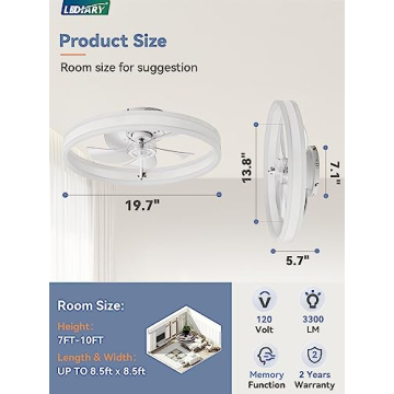 LEDIARY Flush Mount Ceiling Fan with Lights - 6 Speeds & Remote