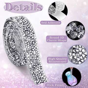 Tetutor 6 Rolls Self Adhesive Rhinestone Ribbons, Sliver Resin Rhinestone Strips, Diamond Crystal Rhinestone Ribbon Roll Stickers Glitter Bling Ribbons Rhinestone for Crafts Fabric Car (Sliver)