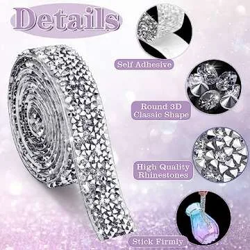 Tetutor 6 Rolls Self Adhesive Rhinestone Ribbons, Sliver Resin Rhinestone Strips, Diamond Crystal Rhinestone Ribbon Roll Stickers Glitter Bling Ribbons Rhinestone for Crafts Fabric Car (Sliver)