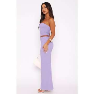 Skirt Sets Women 2 Piece Outfits Sexy Summer Strapless Tube Top Casual Bodycon Dresses Split Y2k Long Skirt Purple-S