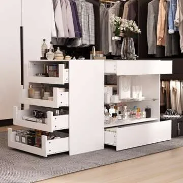 Hitow Display Cabinet Island with Glass Top and Front, Walk in Closet Organizer with 7 Drawers and 2-Tier Shelf, Shop Display Case, Walk in Wardrobe Furniture, Living Room Storage, White