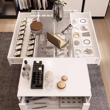 Hitow Display Cabinet Island with Glass Top and Front, Walk in Closet Organizer with 7 Drawers and 2-Tier Shelf, Shop Display Case, Walk in Wardrobe Furniture, Living Room Storage, White