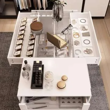 Hitow Display Cabinet Island with Glass Top and Front, Walk in Closet Organizer with 7 Drawers and 2-Tier Shelf, Shop Display Case, Walk in Wardrobe Furniture, Living Room Storage, White