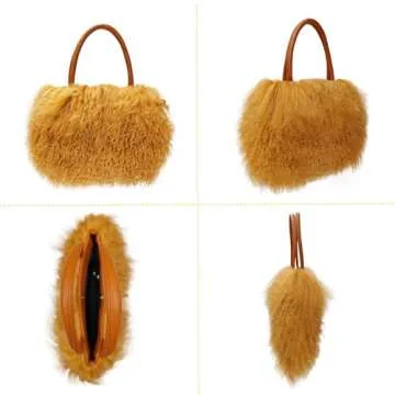 FINILUO Women Luxury Real Lamb Mongolian Flush Wool Fur With Genuine Leather Handles Handbag Camel