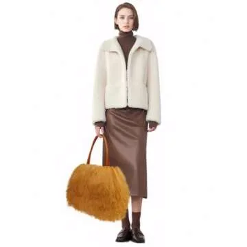 FINILUO Women Luxury Real Lamb Mongolian Flush Wool Fur With Genuine Leather Handles Handbag Camel