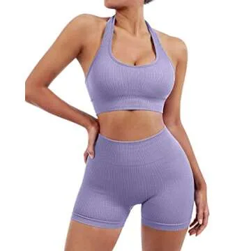 SUUKSESS Women Two Piece Seamless Ribbed Workout Sets Outfits Backless Halter Sports Bra Booty Biker...