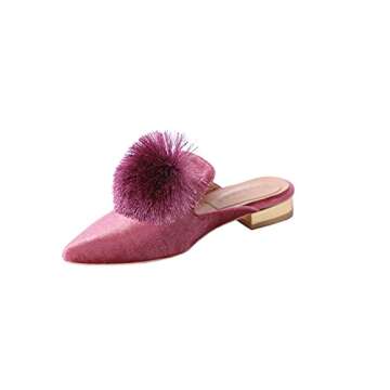 Fericzot Mules for Women,Slip On Backless Loafers Flats Puff Pompom Pointed Toe Casual Shoes Slippers Rose 7