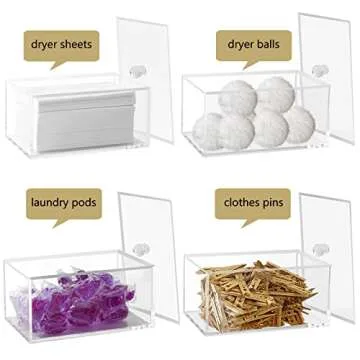 rejomiik Clear Dryer Sheet Holder Thick Acrylic Dryer Sheet Dispenser Container with Lid for Fabric Softener Sheets, Dryer Balls, Laundry pods, Clothes Pins, Laundry Room