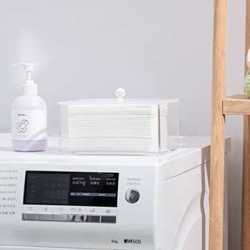 rejomiik Clear Dryer Sheet Holder Thick Acrylic Dryer Sheet Dispenser Container with Lid for Fabric Softener Sheets, Dryer Balls, Laundry pods, Clothes Pins, Laundry Room