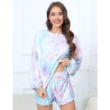 T1FE 1SFE Women's Pajamas Lounge Sets Tie-Dye Long-Sleeve Tops and Ruffle Shorts PJ Set Comfy Loungewear Sleepwear