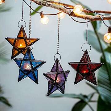 Glass Star Lantern Hanging Ornaments - Tea Light Lantern Window Hangings Living Room Patio Balcony Decoration Vintage, Blue + Purple