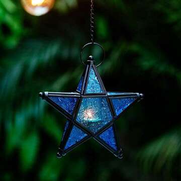 Glass Star Lantern Hanging Ornaments - Tea Light Lantern Window Hangings Living Room Patio Balcony Decoration Vintage, Blue + Purple