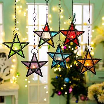 Glass Star Lantern Hanging Ornaments - Tea Light Lantern Window Hangings Living Room Patio Balcony Decoration Vintage, Blue + Purple