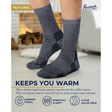 Pembrook Merino Wool Socks for Men & Merino Wool Socks for Women | Merino Wool Sock Pack 4 Pairs