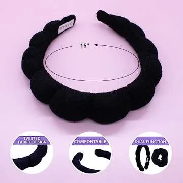 FROG SAC Puffy Spa Headband and Wristbands for Face Washing, Skincare Headbands for Women, Terry Cloth Makeup Skin Care Headbands for Girls, Bubble Make Up Hair Accessories (Black)