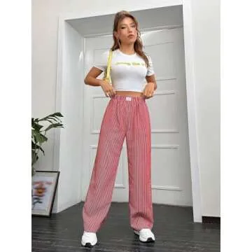 OYOANGLE Women's Straight Wide Leg Trousers Striped Print Letter Patched Detail High Waist Y2K Fashion Pants Red Small