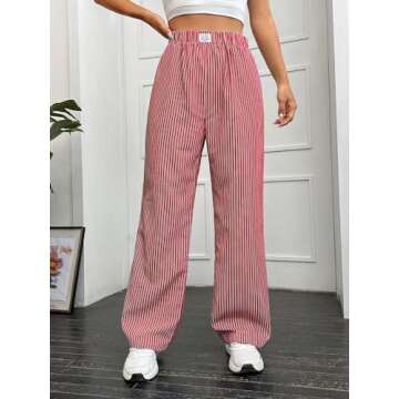 OYOANGLE Women's Straight Wide Leg Trousers Striped Print Letter Patched Detail High Waist Y2K Fashion Pants Red Small