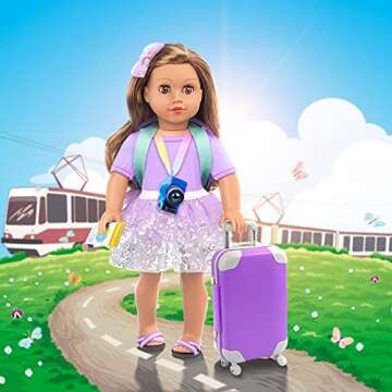 Ecore Fun 23 PCS 18 Inch Girl Doll Accessories Suitcase Travel Luggage Play Set Included Travel Carrier Clothes Backpack Camera Phone Travel Pillow Passport Tickets Cashes Credit Card Map