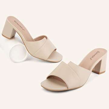 Greatonu Women Open Toe Sandal with Block Heel Slide Slipper Slip On Mule Dress Shoes Beige Size 8