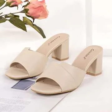 Greatonu Women Open Toe Sandal with Block Heel Slide Slipper Slip On Mule Dress Shoes Beige Size 8