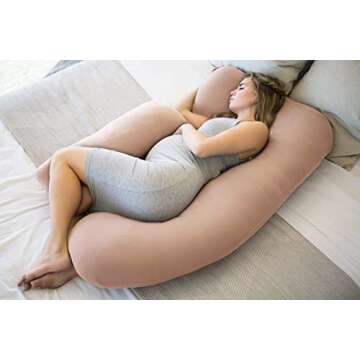 Pharmedoc Pregnancy Pillow, U-Shape Cooling Cover - Champagne Pink with Detachable Side - Support for Back, HIPS, Legs, Belly for Pregnant Women