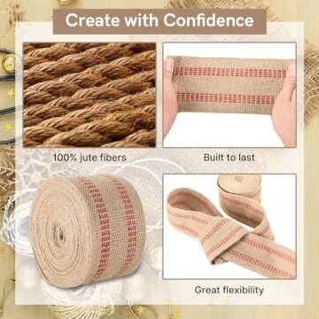 AMGSH 3 Pack 3.5" Craft Jute Webbing Tape | 10 Yards Roll Natural Burlap with Red Stitching for Upholstery, Crafts, Chairs