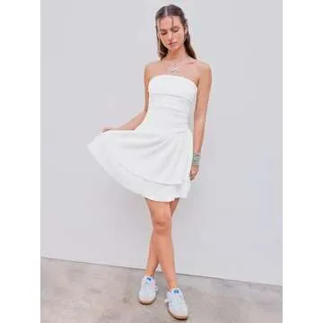 CIDER Women's Summer Cocktail Dress Tube Ruched Ruffle Mini Dress