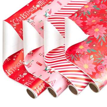 American Greetings 120 sq. ft. Pink Christmas Wrapping Paper Set, Red and Pink (4 Rolls 30 in. x 12 ft., 7 Bows, 30 Gift Tags)