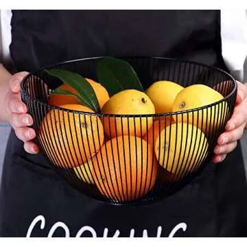 Cq acrylic Metal Wire Fruit Basket,Large Round Storage Baskets for Bread,Metal Wire Bread Fruit Bowl Vegetable Stand Holder for Snacks,Modern Fruit Bowl Decorate Kitchen Counter,Black