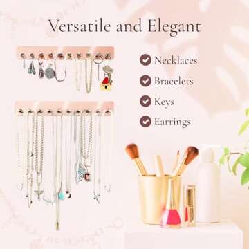Boxy Concepts Jewelry Organizer - 2 Pack Rose Gold Premium Adhesive Holder | Hanging Necklace & Key Rack with 10 Hooks for Necklaces, Earrings, Bracelets, and Keys Easy-Install 10.5"x1.5"
