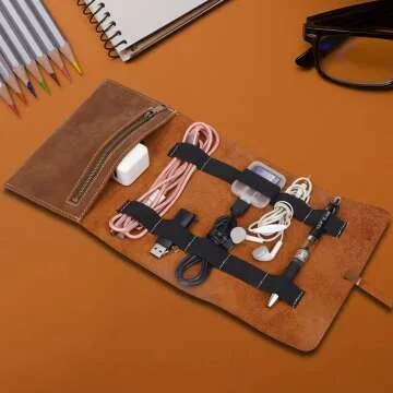 Leather Travel Cable Organizer Roll - 10 Slot Design