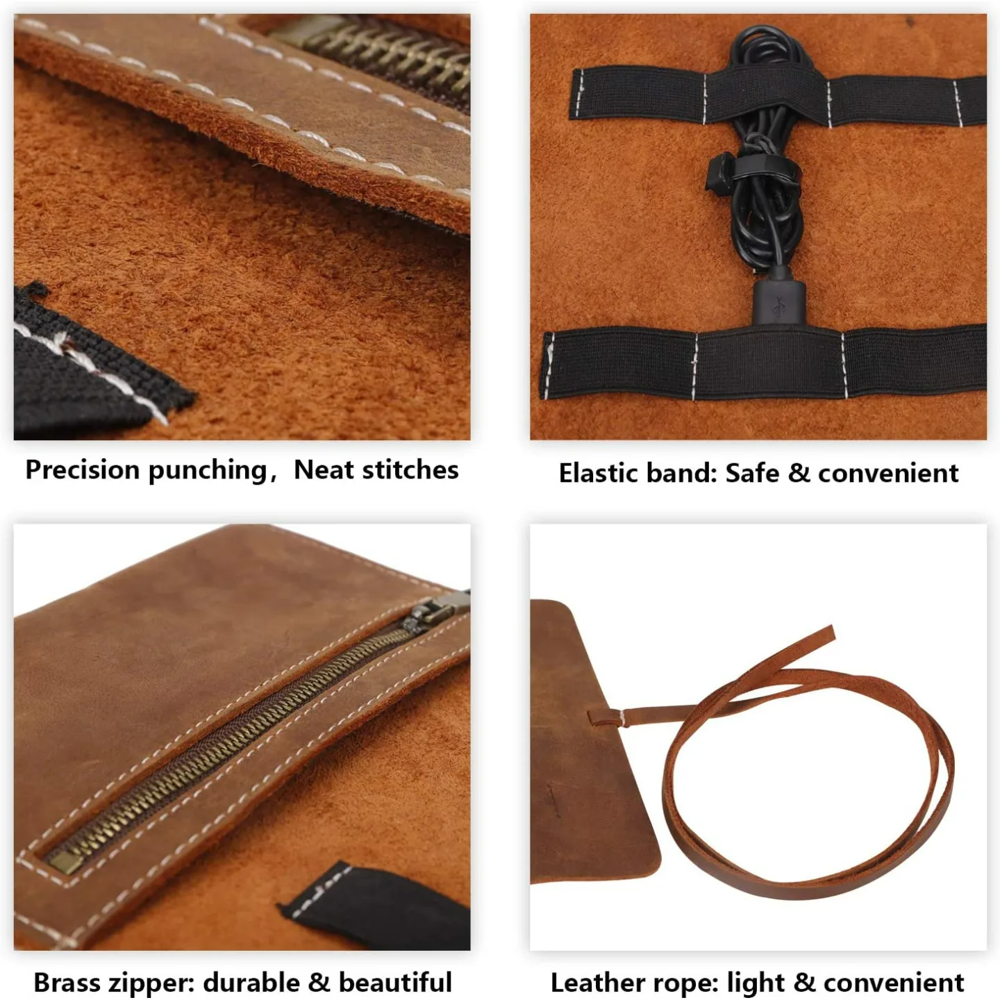 Leather Travel Cable Organizer Roll - 10 Slot Design