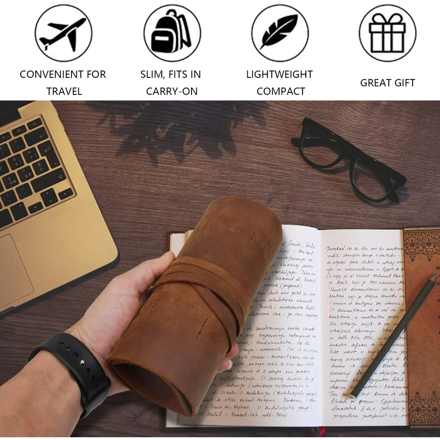 Leather Travel Cable Organizer Roll - 10 Slot Design